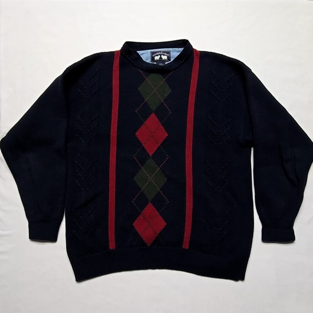 Vintage Argyle Sweater Blue Red Green Woods & Gray Mens Large Knit Pullover 90s
